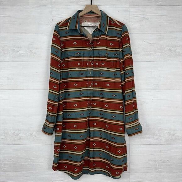 Ryan Michael Tunic Shirt Dress Women L Aztec Blanket Stripe Western Linen Blend - Picture 1 of 14